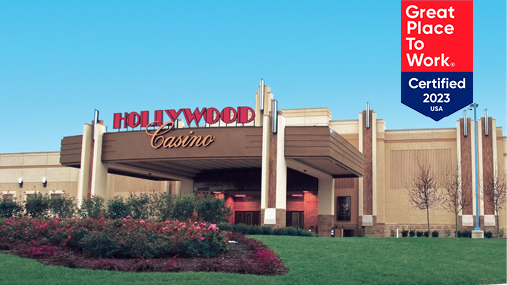 A front-facing wide shot of Hollywood Casino Perryville with a banner for 2023 Great Places to Work in the top right corner.