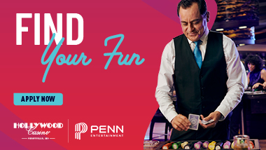 Find Your Fun - Apply Now with an image of a Table Games Dealer